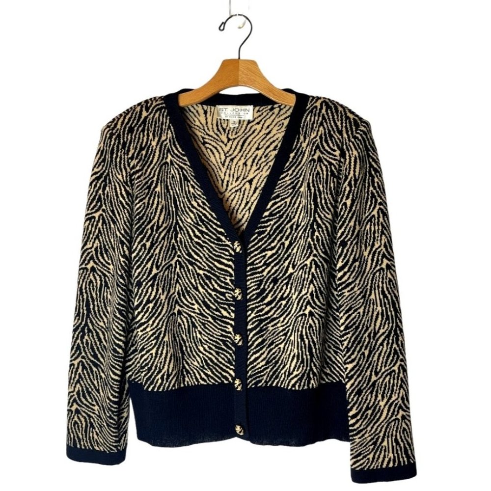 St. John Black And Tan Animal Print V Neck Santana Knit Cardigan Sweater Size 14